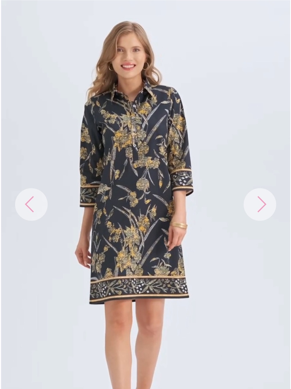 Bella Tu Floral Black Shirt Dress with Gold Botanical Print  size Medium